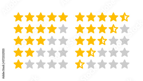 Yellow five star rating icon set on light background. Customer product feedback. App, website rank. Outline, flat and colored style. Flat design. Vector illustration.