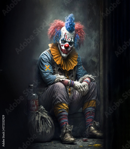 Fotografering Clown with painted face, evil sinister creepy clown sitting in a dark alley with a bottle of booze looking
