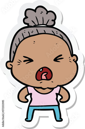 sticker of a cartoon angry old woman