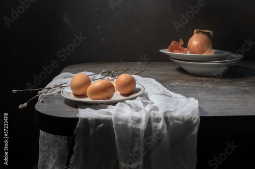 Easter still life in a rustic style. Selective focus.