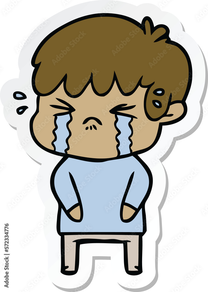 sticker of a cartoon boy crying