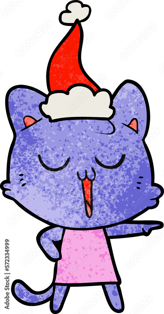 Obraz premium textured cartoon of a cat singing wearing santa hat