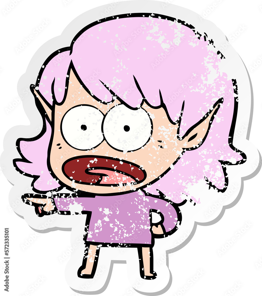 Fototapeta premium distressed sticker of a cartoon shocked elf girl