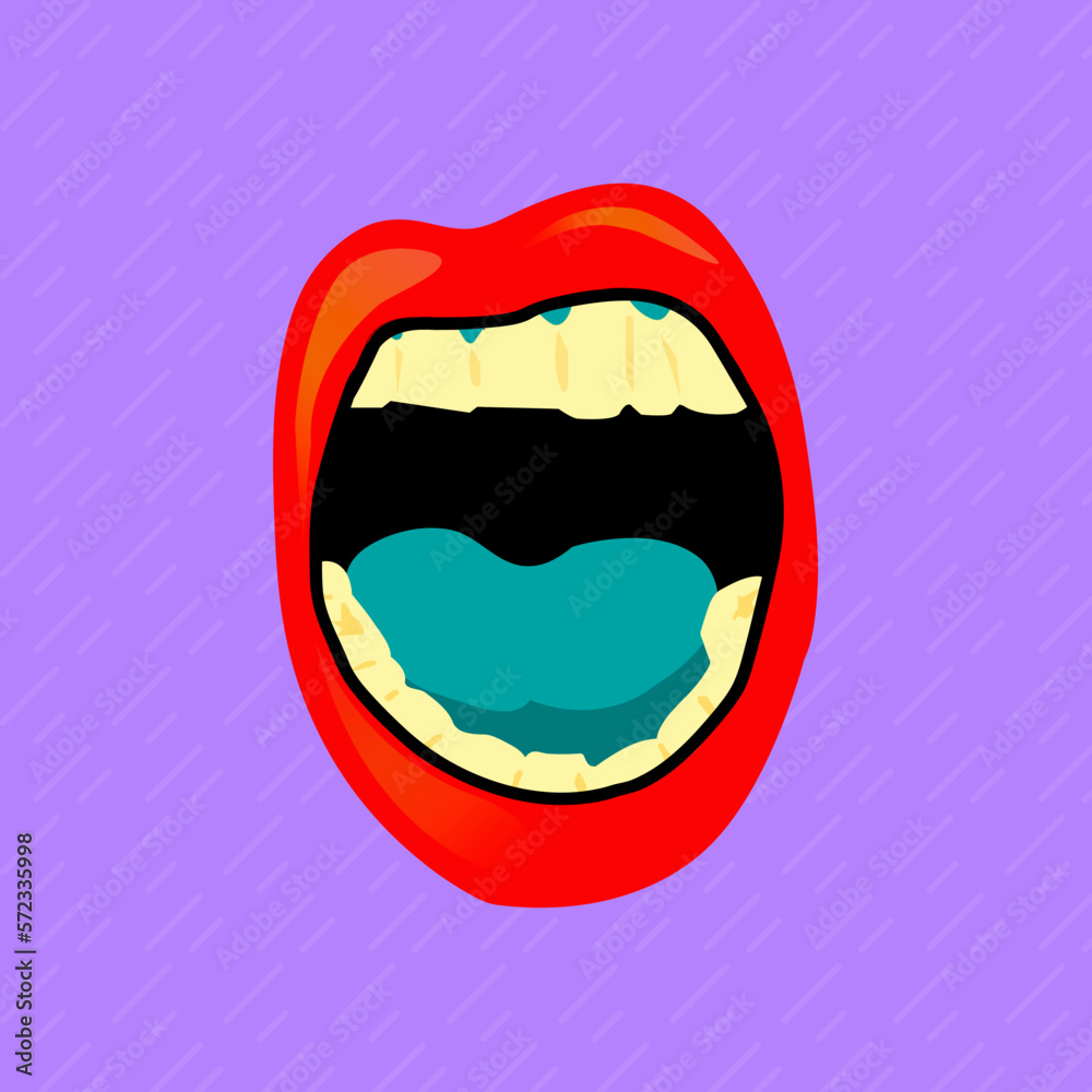 ilustración de boca, boca roja, lengua azul, dientes  