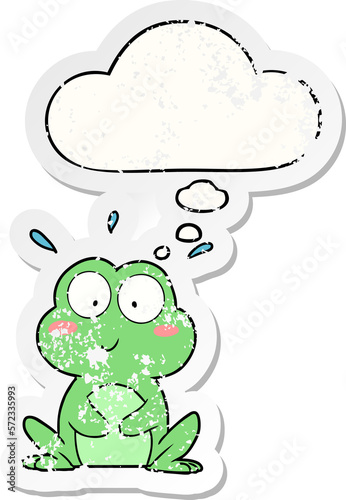 cute cartoon frog and thought bubble as a distressed worn sticker