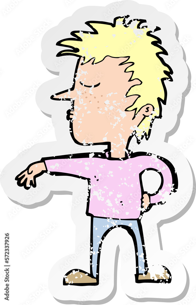 retro distressed sticker of a cartoon man making camp gesture retro distressed sticker of a cartoon man making camp gesture