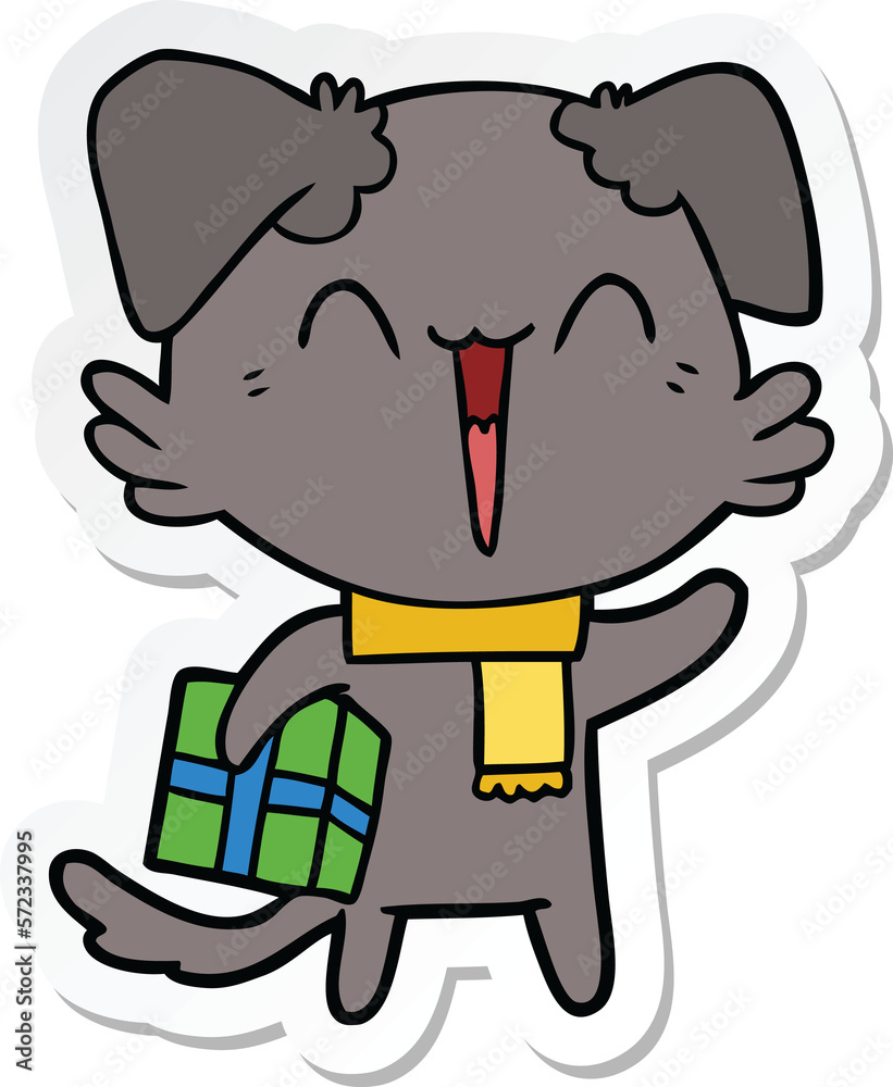 sticker of a happy little cartoon dog in winter clothes