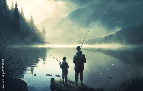 A father and son fishing together on a serene lake, with mist rising from the water in the early morning - Generative AI © Florian