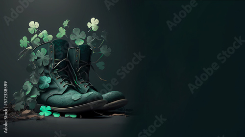 Patrick's Day. Green shoes with shamrock leaves on a green background. Banner. Generative AI