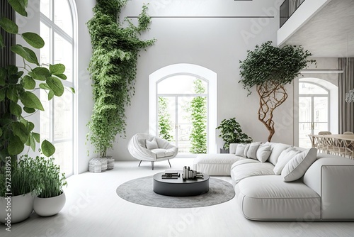 Modern Living Room Tone Colours White and Green With Generative AI Technology