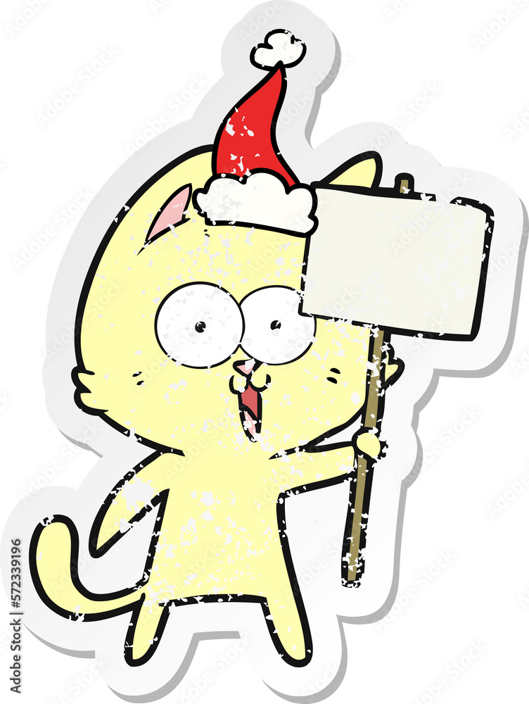 funny distressed sticker cartoon of a cat with sign wearing santa hat funny distressed sticker cartoon of a cat with sign wearing santa hat