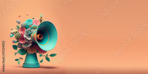 Megaphone with colorful pastel summer flowers, advertising and marketing concept, social media, announce positive and creative idea, generative AI