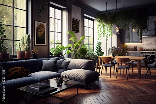 Designer Interior of an open and elegant living and dining area includes a sofa and a family table. Living room with plants, dark wood parquet and lots of natural light. Generative AI.