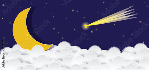 Night sky landscape with blue backdrop, clouds, meteor and stars. good night sweet dreams card. paper art. Vector illustration.