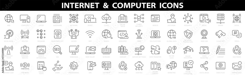 Internet computer line icon set. Website icon for contact icons. Computer, network, website, server, web design, hardware, software and more. Website set icon vector. Vector illustration