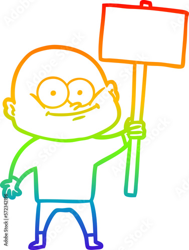 rainbow gradient line drawing cartoon bald man staring with sign
