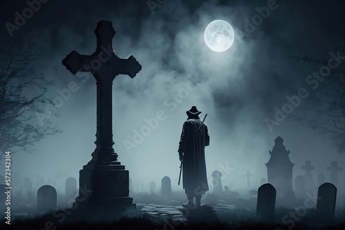 Fotografiet Van Helsing Amidst a Cemetery