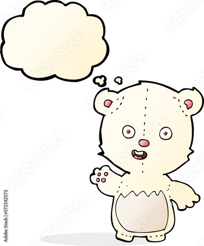 cartoon waving polar bear cub with thought bubble