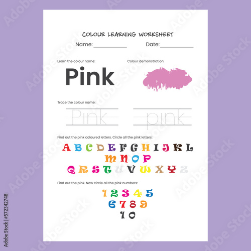 Pink Color recognition and spelling learning worksheet for kids. Unique children activity page.