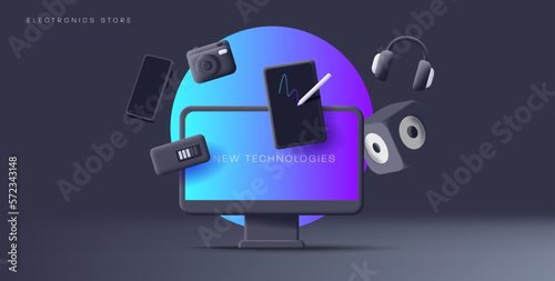 Smart gadgets electronics 3d render composition of desktop with tablet music box and photo camera around it, black backdrop with blue circle
