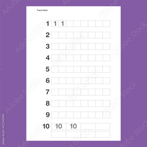 Kindergarten math activity sheet. Number learning worksheet.