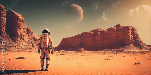Astronaut on mars the red planet. Landscape with desert and mountains, Colonization of Mars. Generative AI. © andrenascimento