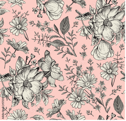 Seamless pattern.Dogrose Rosehip Wild rose daisies chamomile. Beautiful blooming realistic isolated flowers. Vintage background Wallpaper retro Drawing engraving sketch. Vector victorian Illustration 