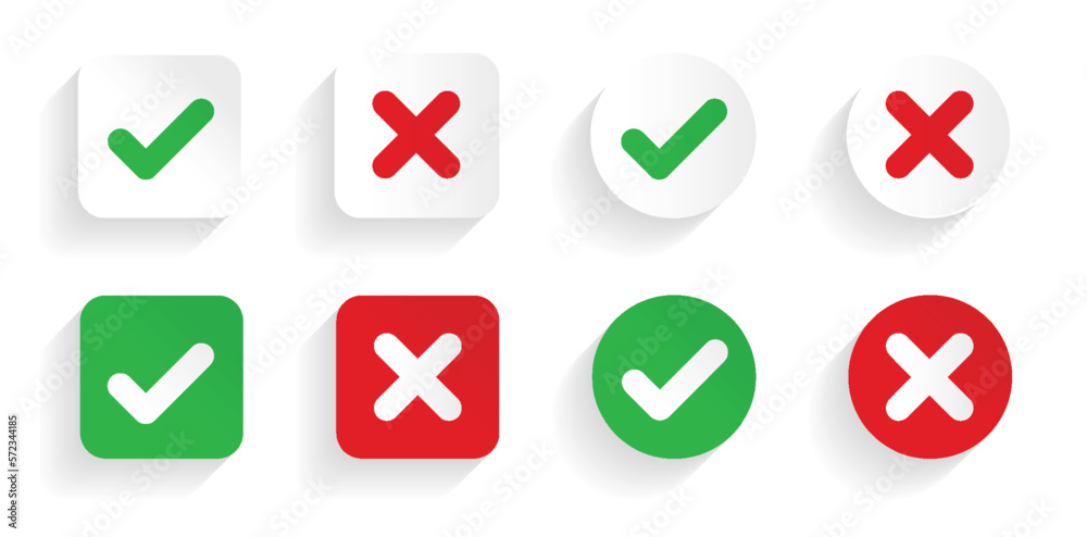Check mark and X mark icon. Checkmark and x mark icon for apps and websites. Green and red check mark icon on white background - stock vector. Check mark and X mark icon. Checkmark and x mark icon for apps and websites. Green and red check mark icon on white background - stock vector.