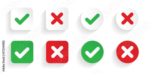 Check mark and X mark icon. Checkmark and x mark icon for apps and websites. Green and red check mark icon on white background - stock vector.