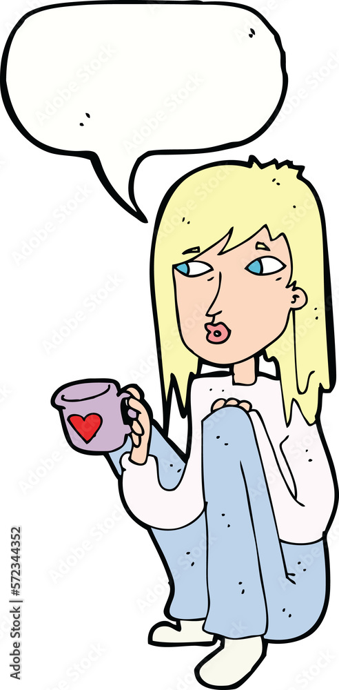 cartoon woman sitting with cup of coffee with speech bubble cartoon woman sitting with cup of coffee with speech bubble