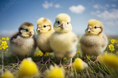 Spring chickens in a field with flowers, small yellow easter chicks
