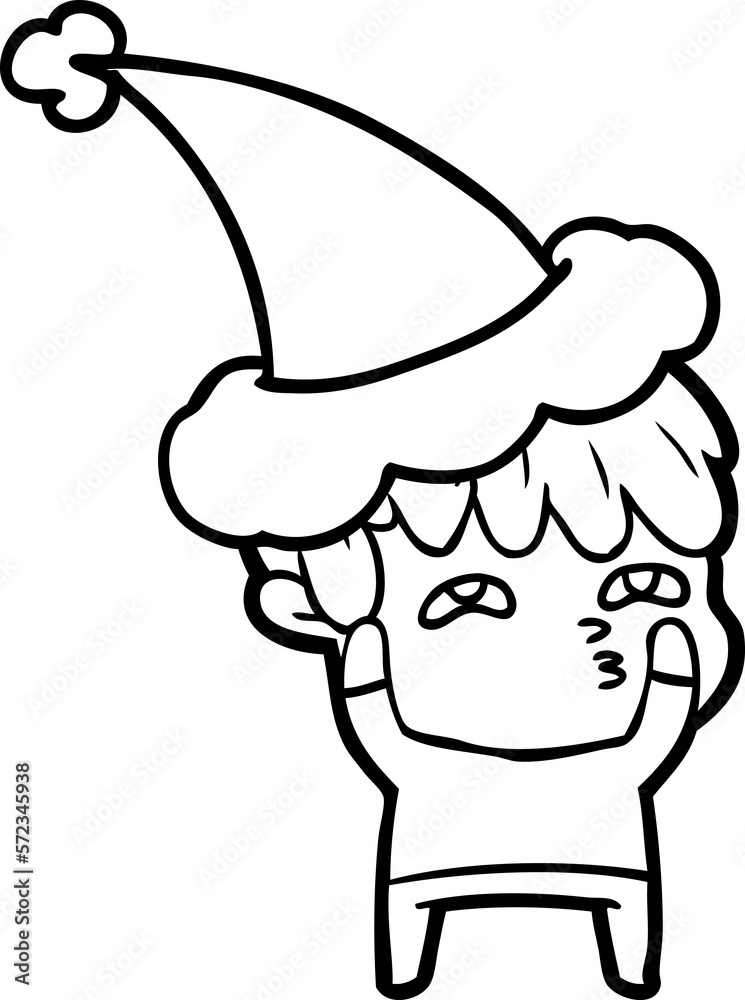 Fototapeta premium line drawing of a curious man wearing santa hat