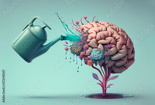 Leinwand Poster Human brain growing from a flower, watering can is pouring water on the mind, me