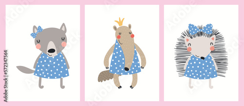 Cute funny animal girls, anteater, wolf, hedgehog, little princesses posters, cards collection. Hand drawn vector illustration. Scandinavian style flat design. Concept for kids fashion, textile print.