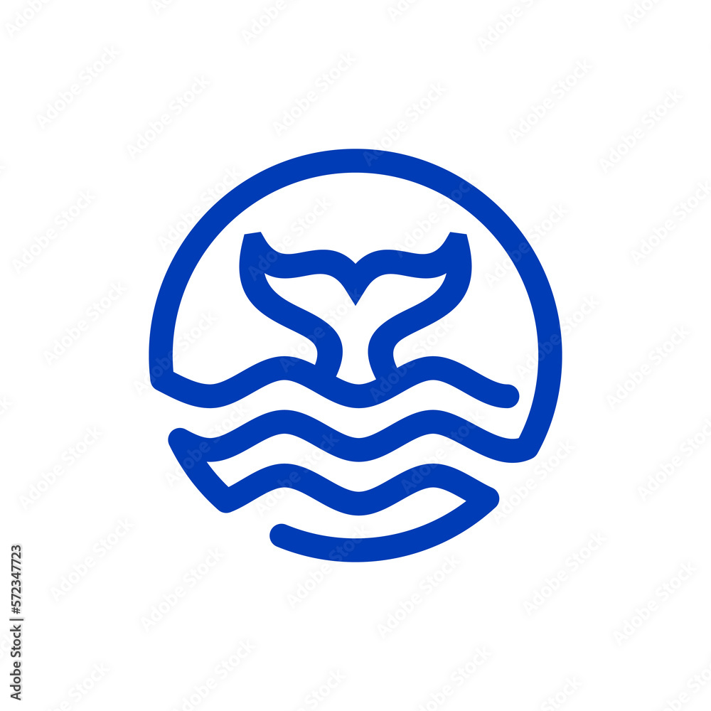 Whale tail graphic icon. Whale tail sign in the water wave isolated on blue background. Sea life symbol. Logo. Vector illustration Whale tail graphic icon. Whale tail sign in the water wave isolated on blue background. Sea life symbol. Logo. Vector illustration