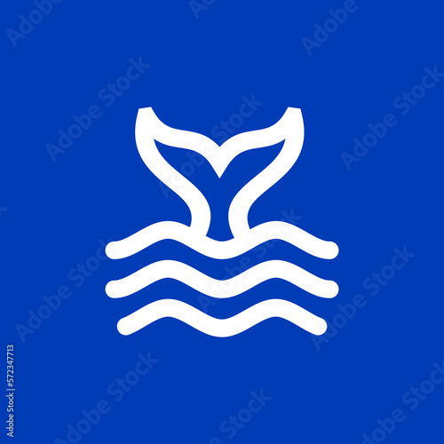 Whale tail graphic icon. Whale tail sign in the water wave isolated on blue background. Sea life symbol. Logo. Vector illustration
