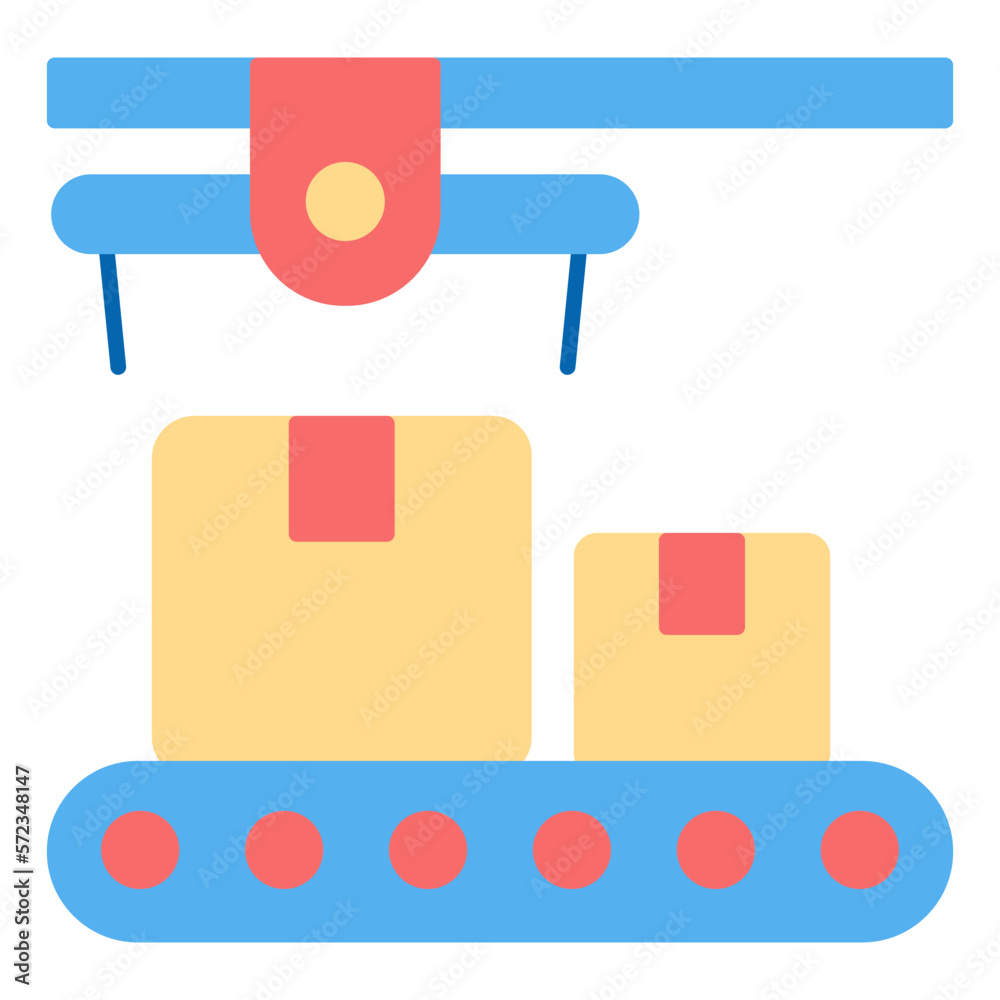 Parcels move along the conveyor at the distribution point - icon, illustration on white background, flat color style