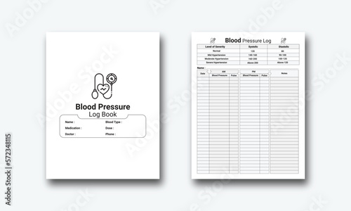 Blood pressure log book interior, Blood pressure journal and Pulse tracker, Blood pressure logbook and Pulse tracker