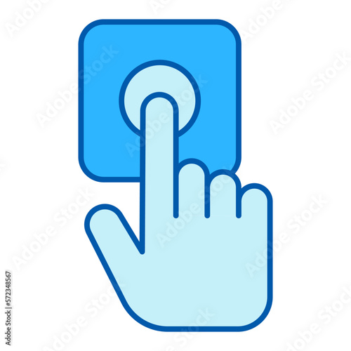 The hand presses the bell, the parcel was delivered to the addressee to the door - icon, illustration on white background, similar style