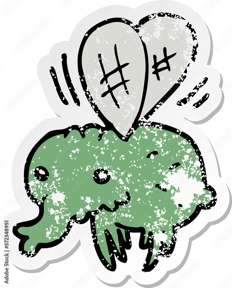 distressed sticker of a cartoon fly distressed sticker of a cartoon fly