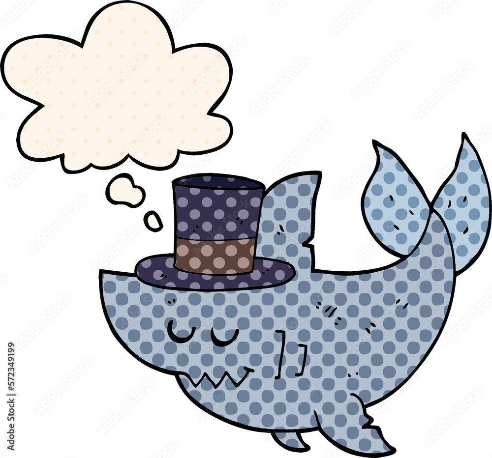 cartoon shark wearing top hat and thought bubble in comic book style