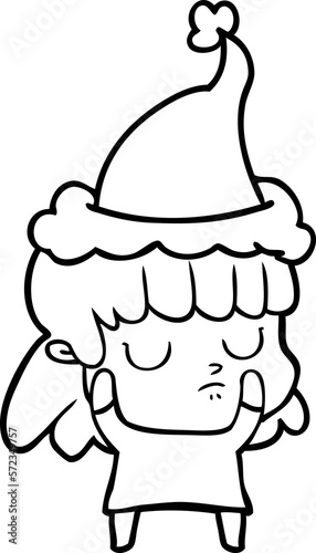 line drawing of a indifferent woman wearing santa hat