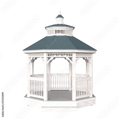 3d render romantic wooden white and blue gazebo isolated