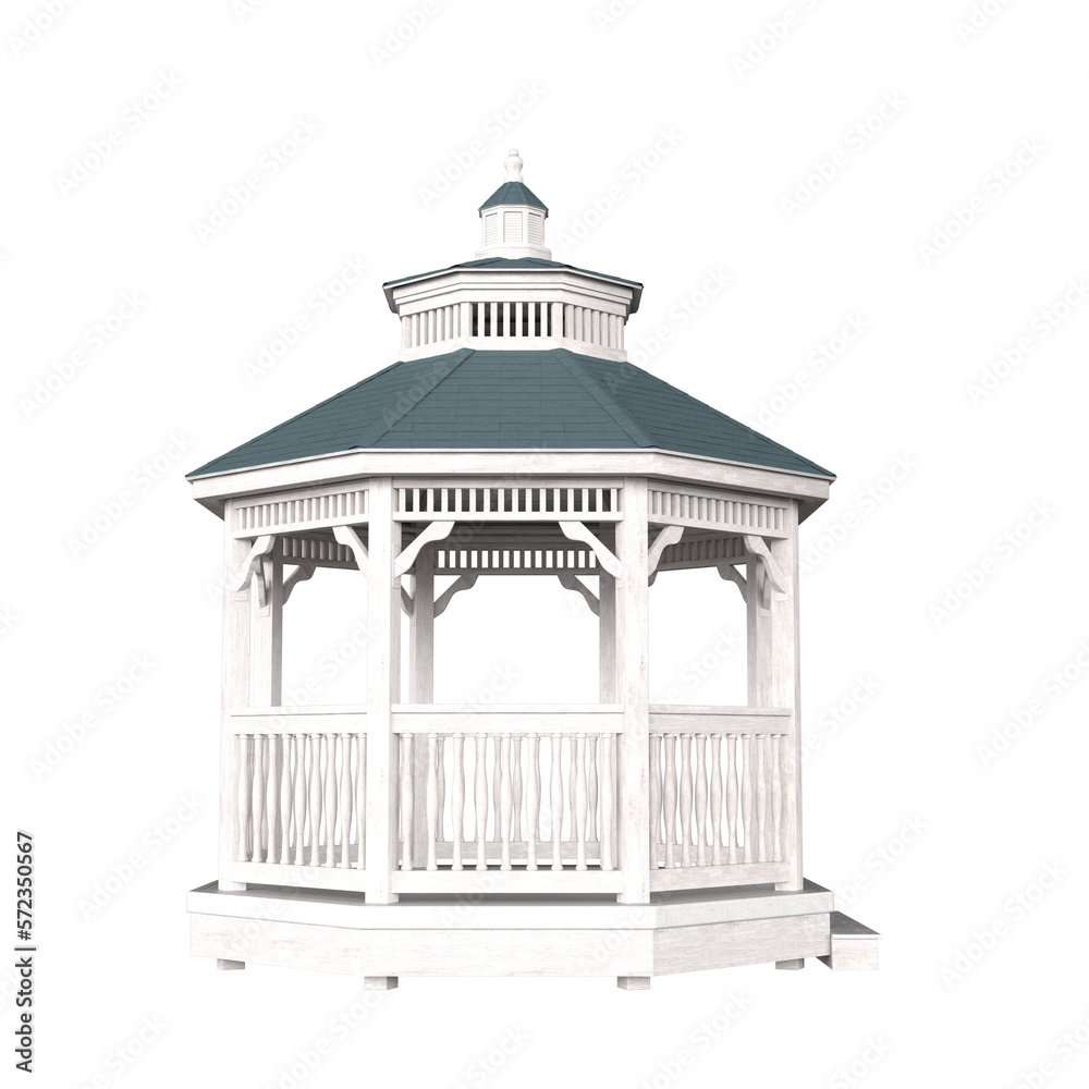 3d render romantic wooden white and blue gazebo isolated