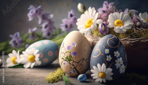 Easter eggs and flowers decoration on wooden surface. Generative AI