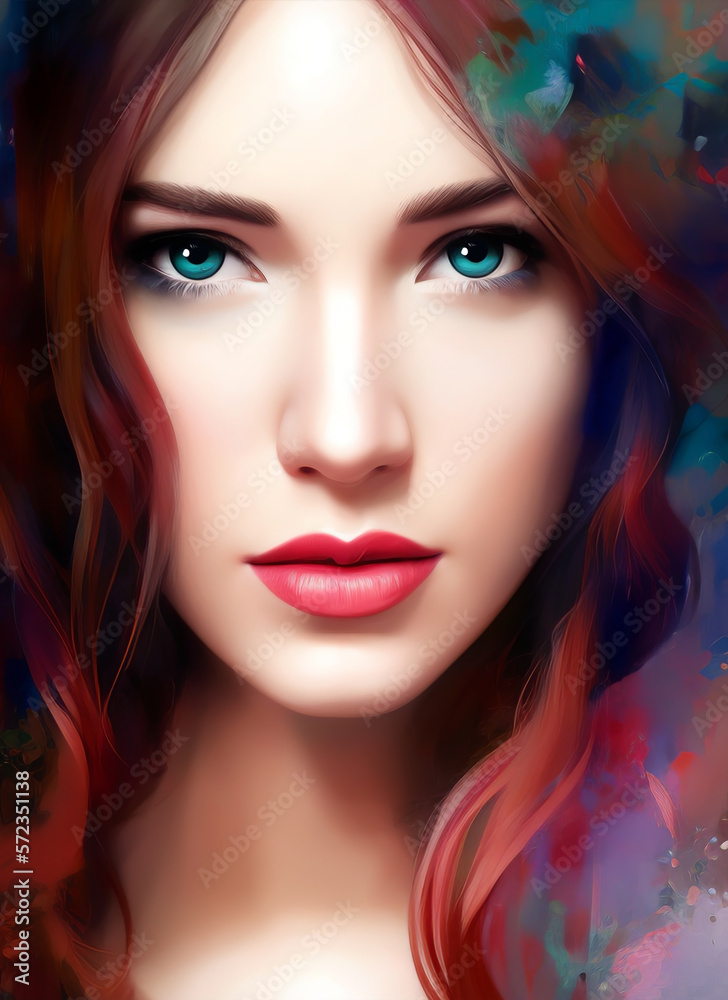 Painting of the face of a beautiful woman, Portrait of a beautiful woman. Painting of the face of a beautiful woman, Portrait of a beautiful woman.