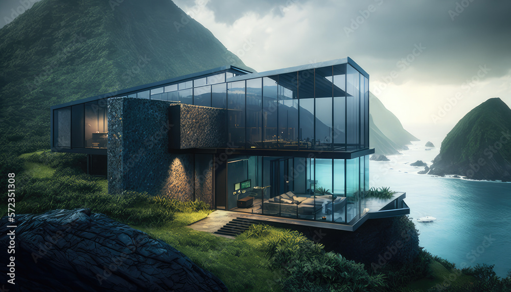 Modern Mansion, Black with Big Windows Cliff Side Luxury Real Estate Lake in Backroung