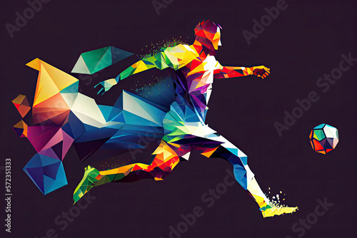 Creative silhouette of soccer player. Football player kicks the ball in trendy abstract colorful polygon style with rainbow back © surassawadee