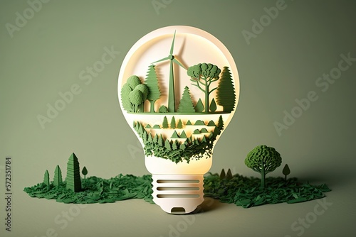 Paper cut of light bulb with green eco city. Generative AI
