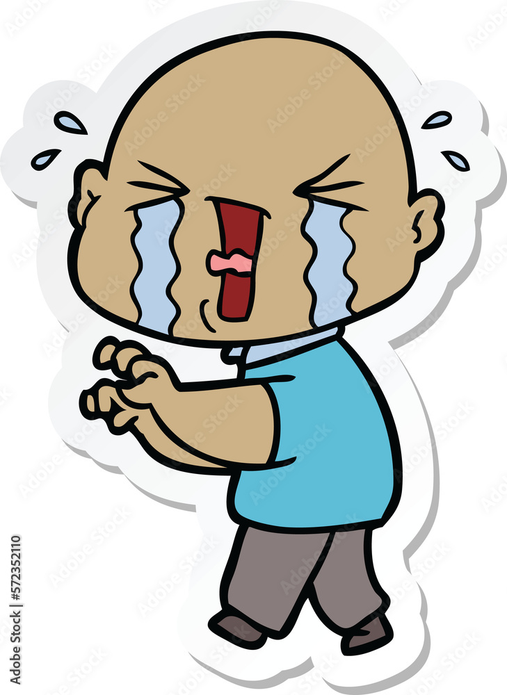 sticker of a cartoon crying bald man